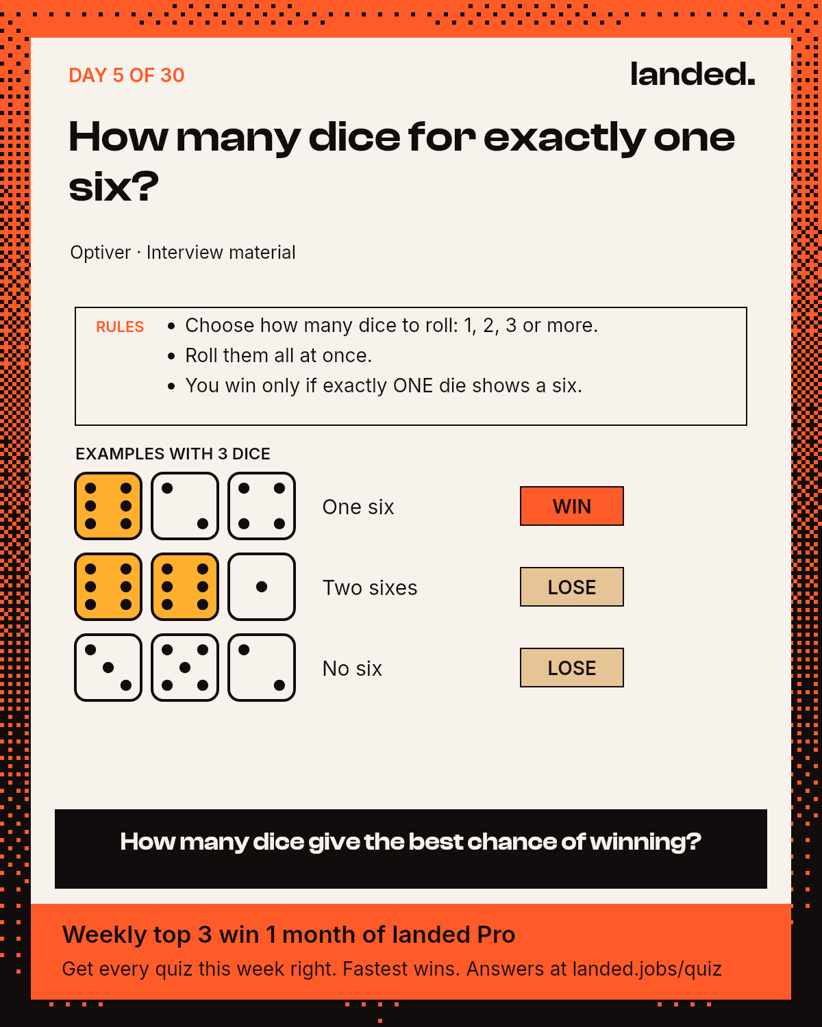 Quiz: How many dice for exactly one six?